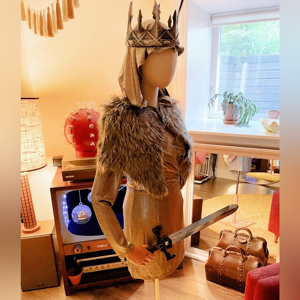 Joan of Arc Medieval Costume with Fur Trim, Sword and Crown size Small